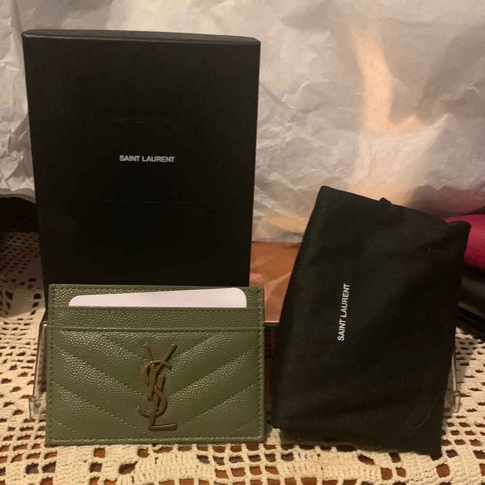 Saint Laurent Olive Green Quilted YSL Card Holder with Gold Logo